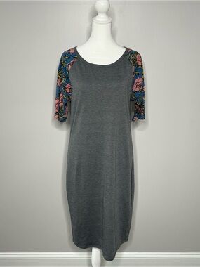 LulaRoe Size L Julia Raglan Floral Sleeve Bodycon Midi Dress Casual